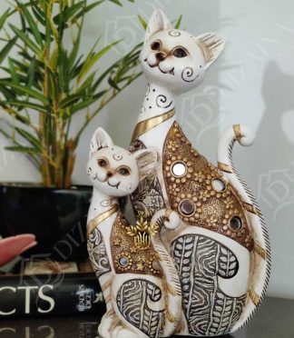 Cat & Kitten Pair – White with Mirror Work