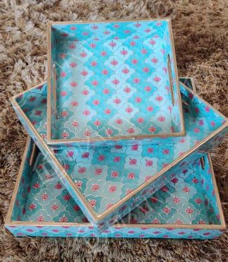 Turquoise Gold Embossed Trays- Set of 3