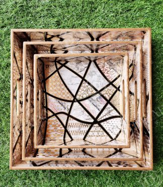 Geometric Pattern Beige Gold Trays- Set of 3