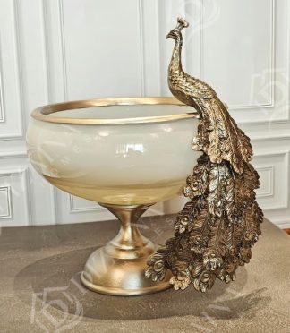 Mystic Fauna Glass Decorative Peacock Bowl (Ivory)