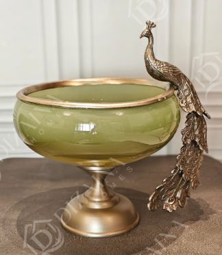 Mystic Fauna Glass Decorative Peacock Bowl (Pastel Green)