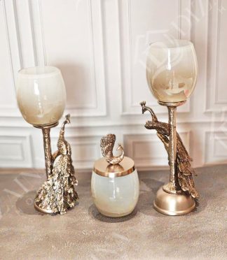 Mystic Fauna Peacock T Light Candle Holders Combo Set (Ivory)
