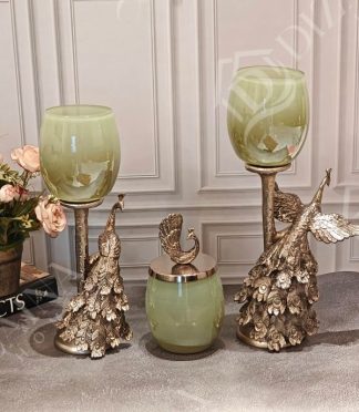 Mystic Fauna Peacock T Light Candle Holders Combo Set (Pastel Green)