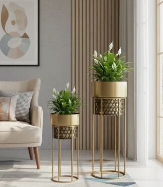 Siena Gold Finish Cane & Metal Planters - Set of 2