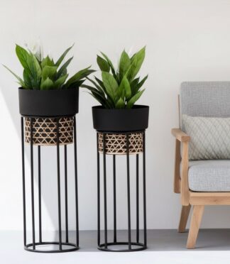 Siena Black Matte Finish Cane & Metal Planters -Set of 2
