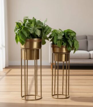 Elara Gold Metal & Cane Weaving Border Planters - Set of 2